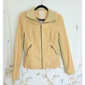 Y2k Guess Jacket‎ Women's Size Medium Beige Tan Faux Leather Moto Bomber Khaki
